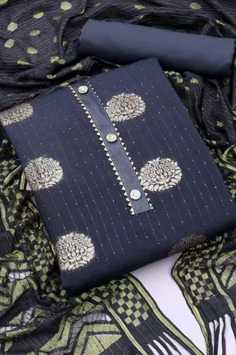 Banarasi buta sequin top with cotton bottom and saboori print dupatta set dress material