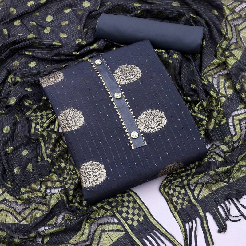 Banarasi buta sequin top with cotton bottom and saboori print dupatta set dress material