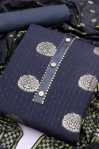 Banarasi buta sequin top with cotton bottom and saboori print dupatta set dress material