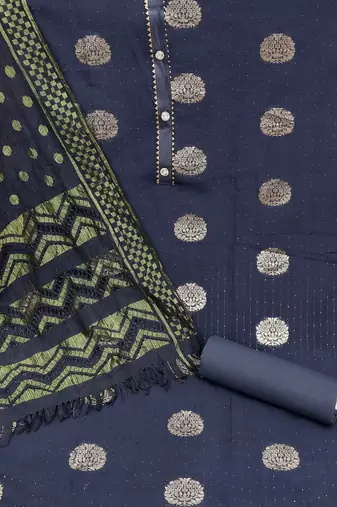 Banarasi buta sequin top with cotton bottom and saboori print dupatta set dress material