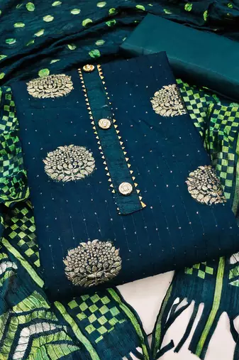 Banarasi buta sequin top with cotton bottom and saboori print dupatta set dress material