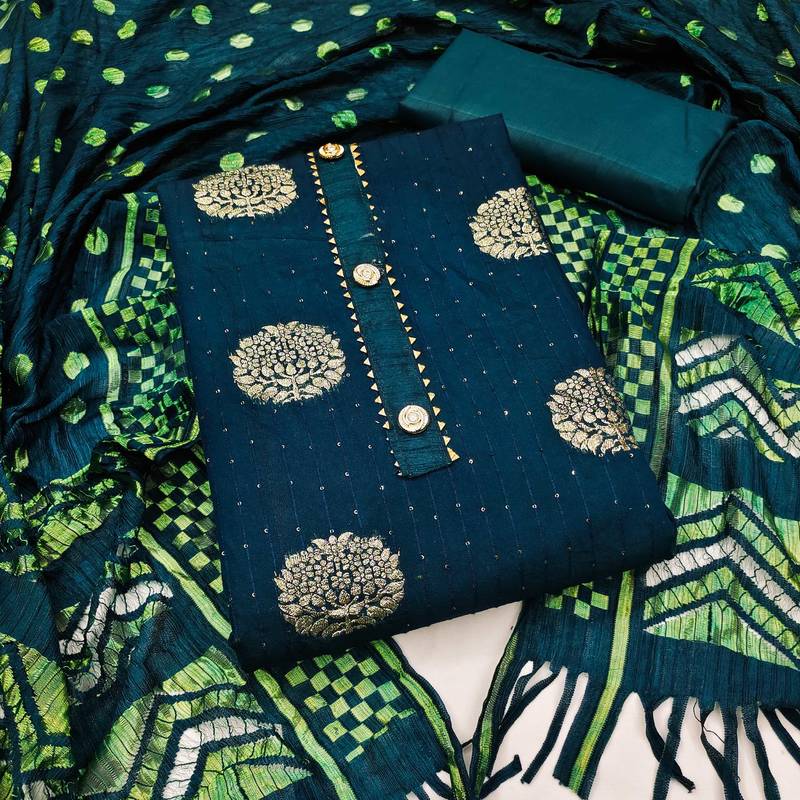 Banarasi buta sequin top with cotton bottom and saboori print dupatta set dress material