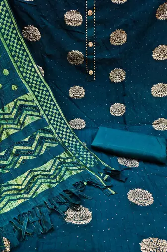 Banarasi buta sequin top with cotton bottom and saboori print dupatta set dress material