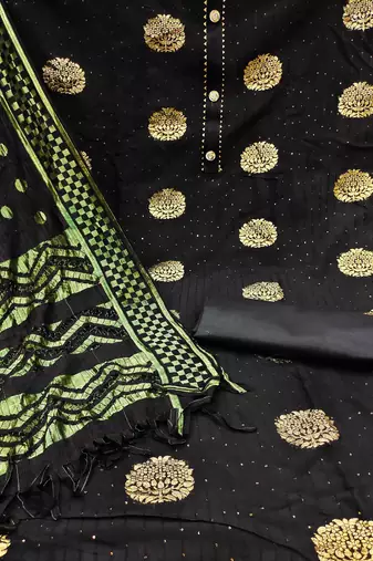 Banarasi buta sequin top with cotton bottom and saboori print dupatta set dress material