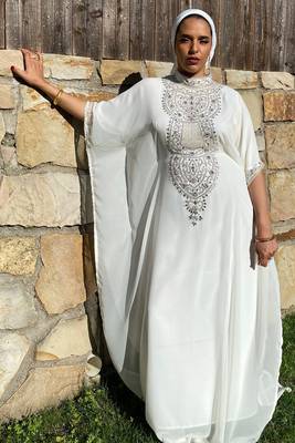 White  Zari & Stone Work stitched Georgette Designed Farasha Party Wear 3