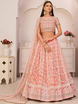 Delightful Peach Gorgeous Mono Net Designer Lehenga Choli Wedding Party Wear Chaniya Choli For Women 1