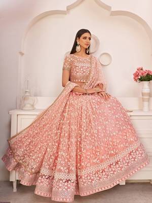 Delightful Peach Gorgeous Mono Net Designer Lehenga Choli Wedding Party Wear Chaniya Choli For Women 2
