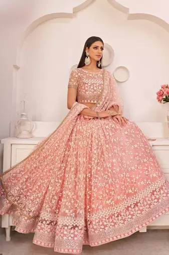 Delightful Peach Gorgeous Mono Net Designer Lehenga Choli Wedding Party Wear Chaniya Choli For Women