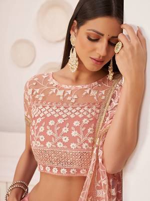 Delightful Peach Gorgeous Mono Net Designer Lehenga Choli Wedding Party Wear Chaniya Choli For Women 3