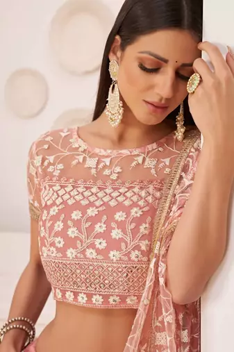 Delightful Peach Gorgeous Mono Net Designer Lehenga Choli Wedding Party Wear Chaniya Choli For Women