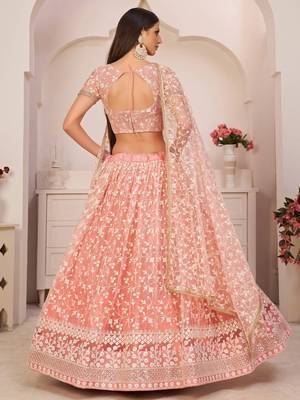 Delightful Peach Gorgeous Mono Net Designer Lehenga Choli Wedding Party Wear Chaniya Choli For Women 4
