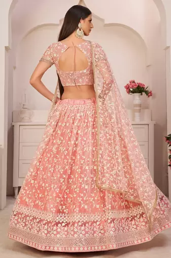 Delightful Peach Gorgeous Mono Net Designer Lehenga Choli Wedding Party Wear Chaniya Choli For Women