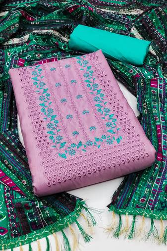 Women's purple unstitched heavy multi embroidery with deisngner printed dupatta zora silk dress material (rnx593ppl)
