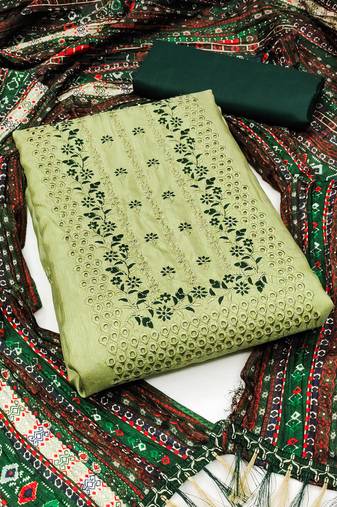 Women's light green unstitched heavy embroidery with deisngner printed dupatta zora silk dress material (rnx593grn)