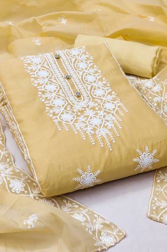 Women's yellow unstitched thread embrodiery with designer embroidered dupatta chanderi cotton dress material (pk38ylw)