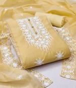 Women's yellow thread embrodiery with designer embroidered dupatta chanderi cotton dress material