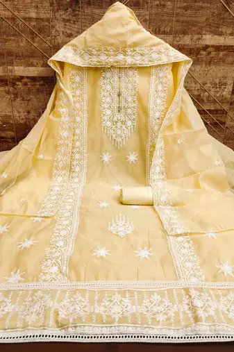 Women's yellow thread embrodiery with designer embroidered dupatta chanderi cotton dress material