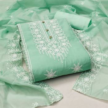 Women's sea green heavy thread embrodiery with embroidered dupatta chanderi cotton dress material 1