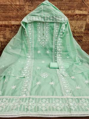 Women's sea green heavy thread embrodiery with embroidered dupatta chanderi cotton dress material 2