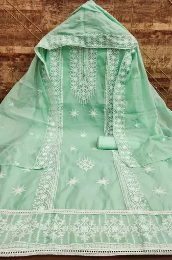 Women's sea green heavy thread embrodiery with embroidered dupatta chanderi cotton dress material