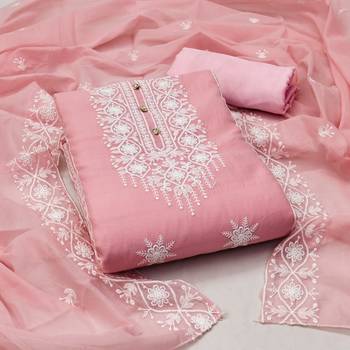 Women's pink heavy embrodiery with designer embroidered dupatta chanderi cotton dress material 1