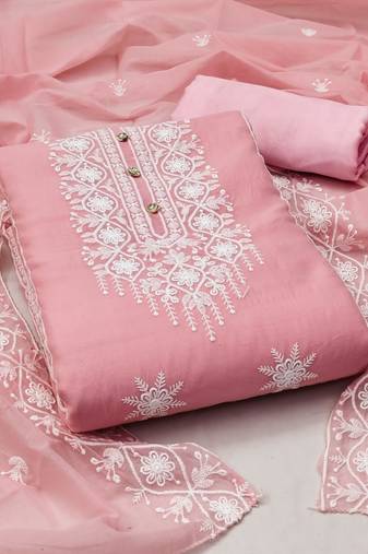 Women's pink unstitched heavy embrodiery with designer embroidered dupatta chanderi cotton dress material 