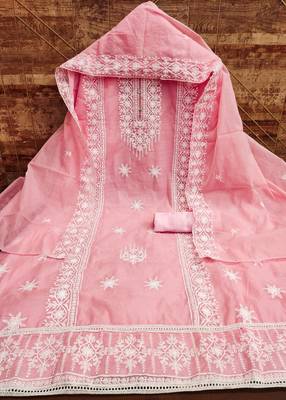Women's pink heavy embrodiery with designer embroidered dupatta chanderi cotton dress material 2