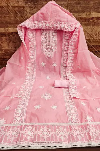 Women's pink heavy embrodiery with designer embroidered dupatta chanderi cotton dress material