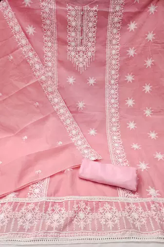 Women's pink heavy embrodiery with designer embroidered dupatta chanderi cotton dress material