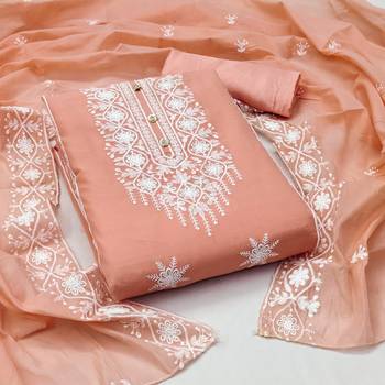 Women's peach heavy embrodiery with designer embroidered dupatta chanderi cotton dress material 1