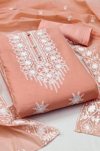 Women's peach unstitched heavy embrodiery with designer embroidered dupatta chanderi cotton dress material 