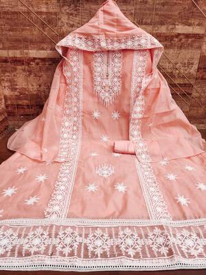 Women's peach heavy embrodiery with designer embroidered dupatta chanderi cotton dress material 2