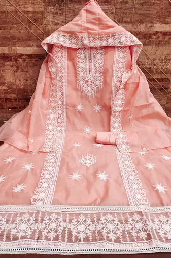 Women's peach heavy embrodiery with designer embroidered dupatta chanderi cotton dress material