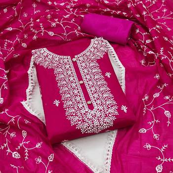 Women's pink heavy thread embrodiery with embroidered dupatta chanderi cotton dress material 1