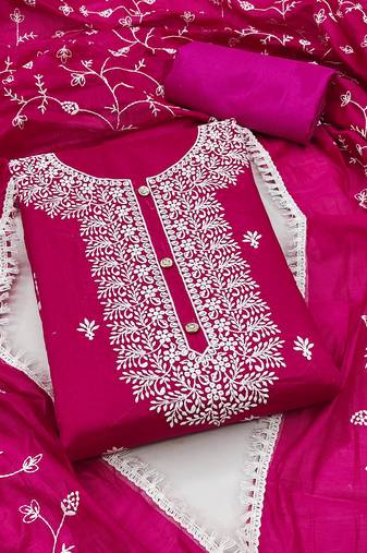 Women's pink unstitched heavy thread embrodiery with embroidered dupatta chanderi cotton dress material (pk36pnk)
