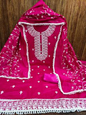 Women's pink heavy thread embrodiery with embroidered dupatta chanderi cotton dress material 2