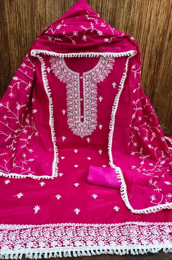 Women's pink heavy thread embrodiery with embroidered dupatta chanderi cotton dress material
