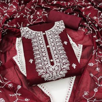 Women's maroon heavy thread embrodiery with embroidered dupatta chanderi cotton dress material 1