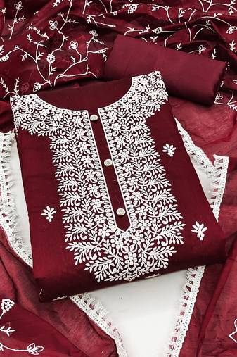 Women's maroon unstitched heavy thread embrodiery with embroidered dupatta chanderi cotton dress material 