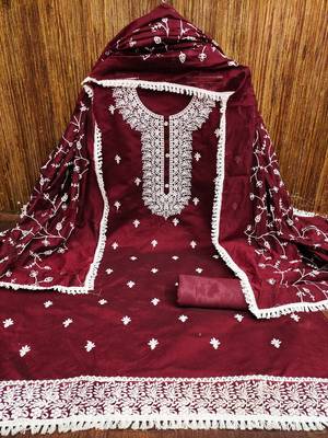 Women's maroon heavy thread embrodiery with embroidered dupatta chanderi cotton dress material 2