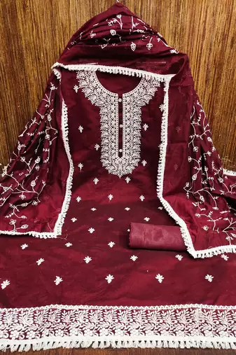 Women's maroon heavy thread embrodiery with embroidered dupatta chanderi cotton dress material