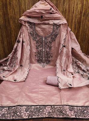 Women's light purple unstitched thread embrodiery with embroidered dupatta chanderi cotton dress material (pk35pnk) 3