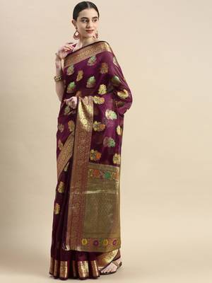 wine organza kanjivaram woven saree with unstitched blouse piece 1