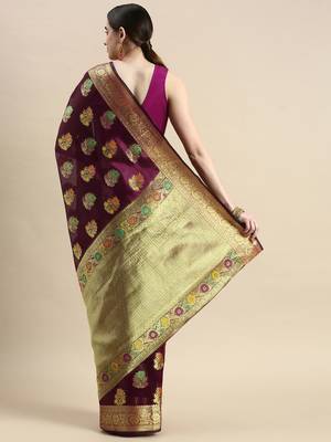 wine organza kanjivaram woven saree with unstitched blouse piece 2