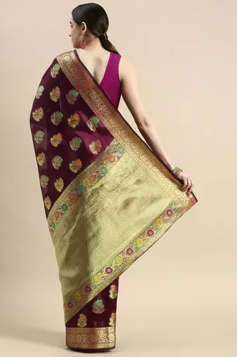 wine organza kanjivaram woven saree with unstitched blouse piece