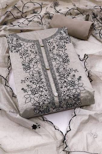 Women's grey unstitched heavy multi embrodiery with embroidered dupatta chanderi cotton dress material 
