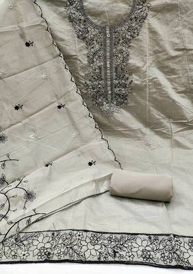 Women's grey heavy multi embrodiery with embroidered dupatta chanderi cotton dress material 2