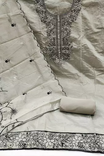 Women's grey heavy multi embrodiery with embroidered dupatta chanderi cotton dress material