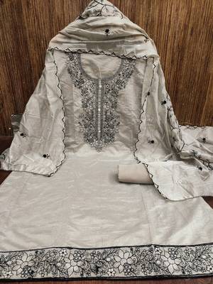 Women's grey heavy multi embrodiery with embroidered dupatta chanderi cotton dress material 3
