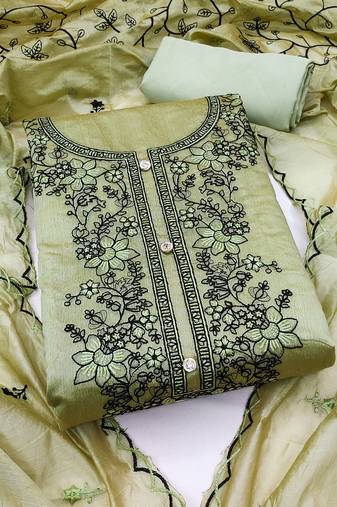 Women's green unstitched multi thread embrodiery and with embroidered dupatta chanderi cotton dress material 